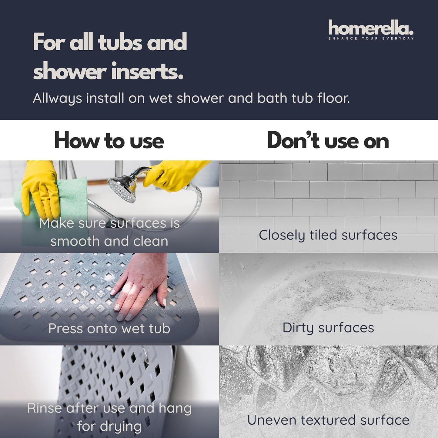 homerella® Bathtub Mat Non Slip 35x16, Incl. Hooks for Drying, Extra Long, 100% BPA Free, Shower Mat Non Slip Anti Mold, Machine Washable, Shower Mats for Inside Shower Mildew Resistant