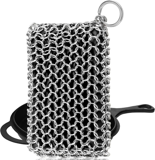 Herda Chain Mail Cast Iron Cleaner Scrubber,316 Chainmail Pan Scrubber Metal Cleaning Brush, Pad, Sponge Scraper to Clean Skillet,Dutch Oven, Wok,Grill Griddle,Chain Link Scrub Brush Pot Care Kit
