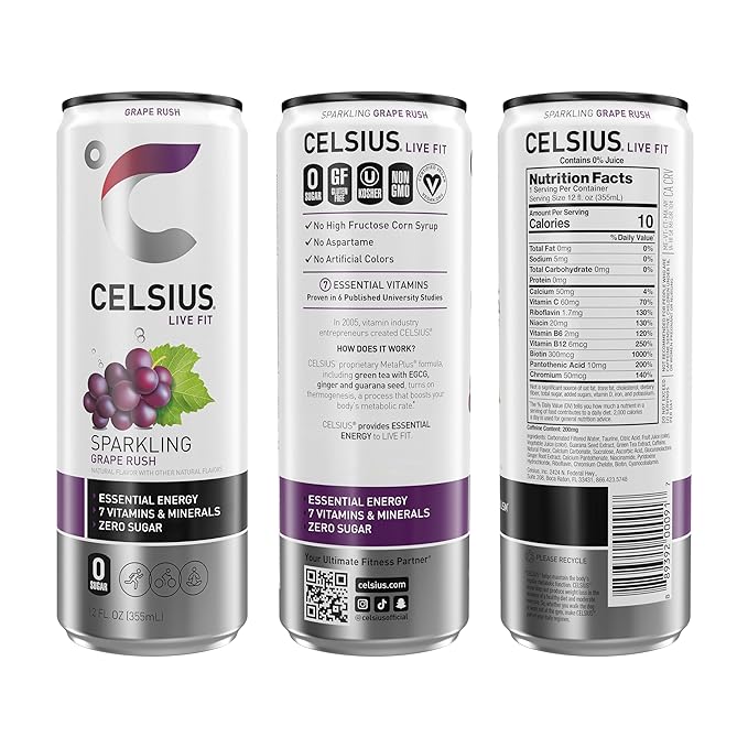 CELSIUS Sparkling Grape Rush, Functional Essential Energy Drink 12 Fl Oz (Pack of 12)
