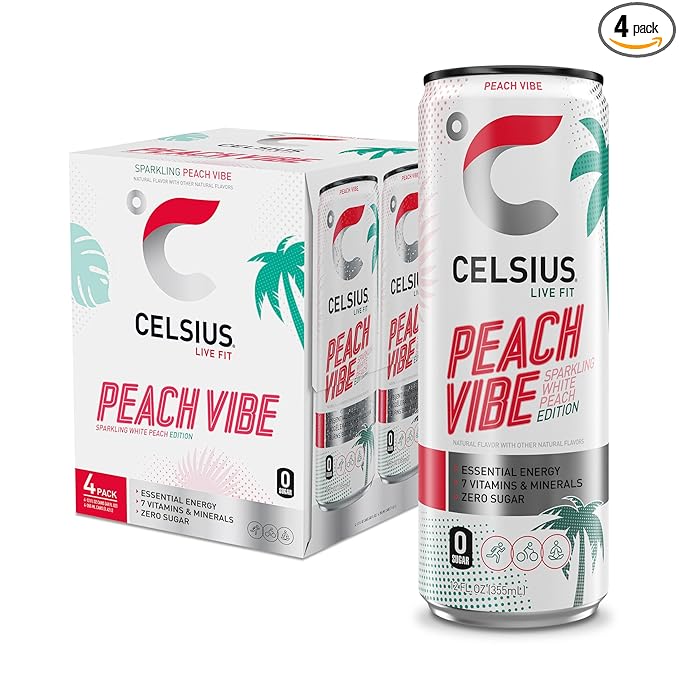 CELSIUS Sparkling Peach Vibe, Functional Essential Energy Drink 12 Fl Oz (Pack of 4)