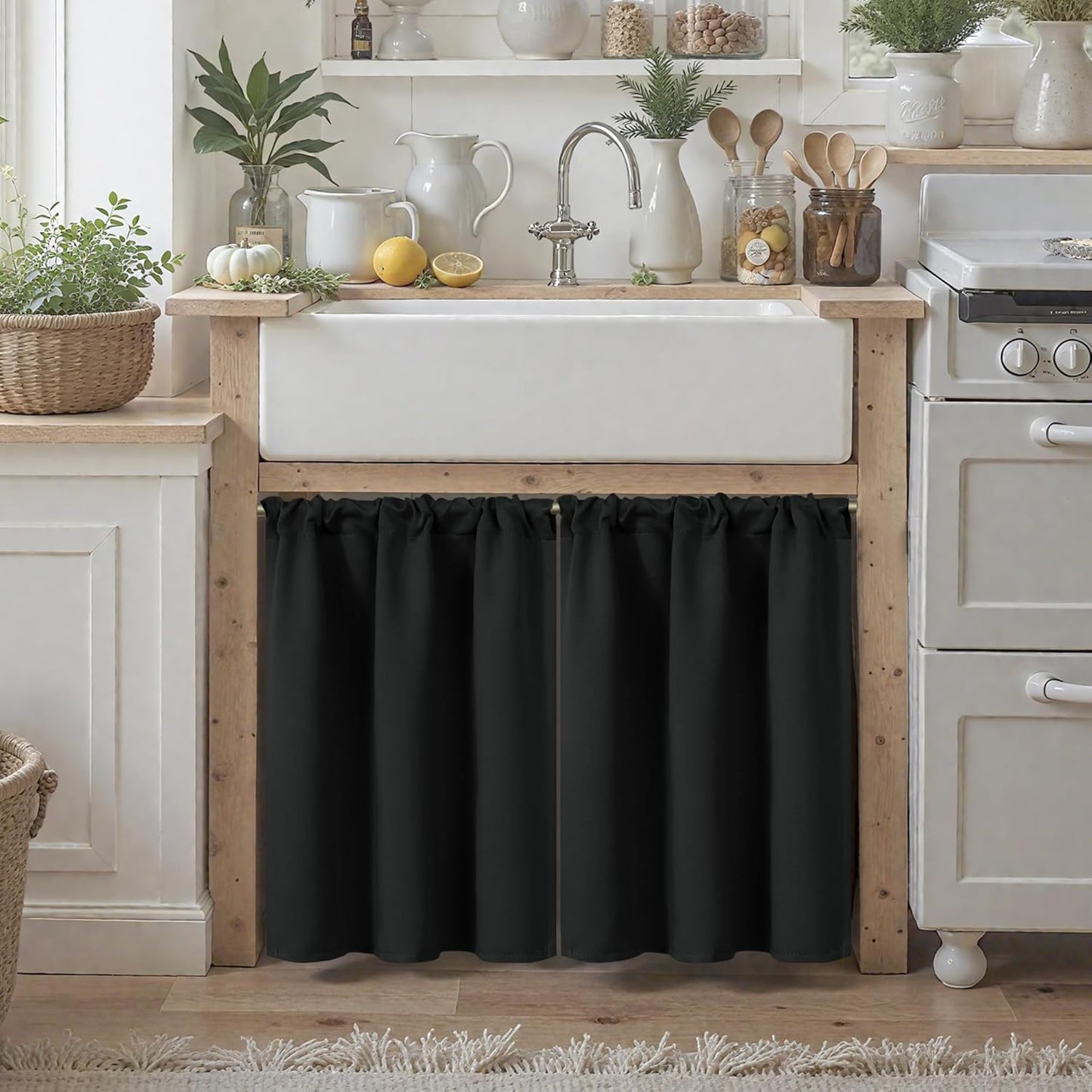 BGment Black Curtains 36 Inches Long for Kithchen Windows Over Sink - Small Drapes Half Window with Rod Pocket Blackout Blinds for Bathroom RV Cafe, 2 Panels, 34 x 36 Inch