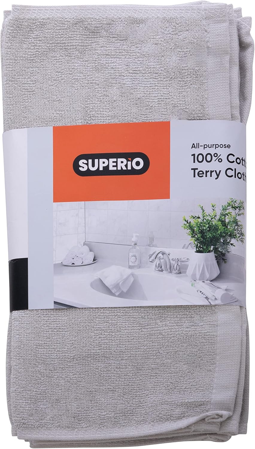Superio Cotton Terry Washcloths Grey Towels 100% Cotton Cleaning Cloth 16" Rags Wash Clothes for Body and Face, Spa Towels, Multi Purpose (6, 16"x16")