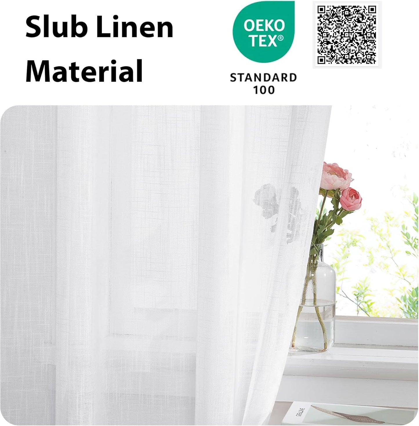 NICETOWN Linen French Door Curtain, White Semi-Sheer Door Curtain 72 Inches Long Drape Rod Pocket 1 Panel, Light-Filtering Privacy Window Decor, 1 Tieback Included, 26 Inches Wide