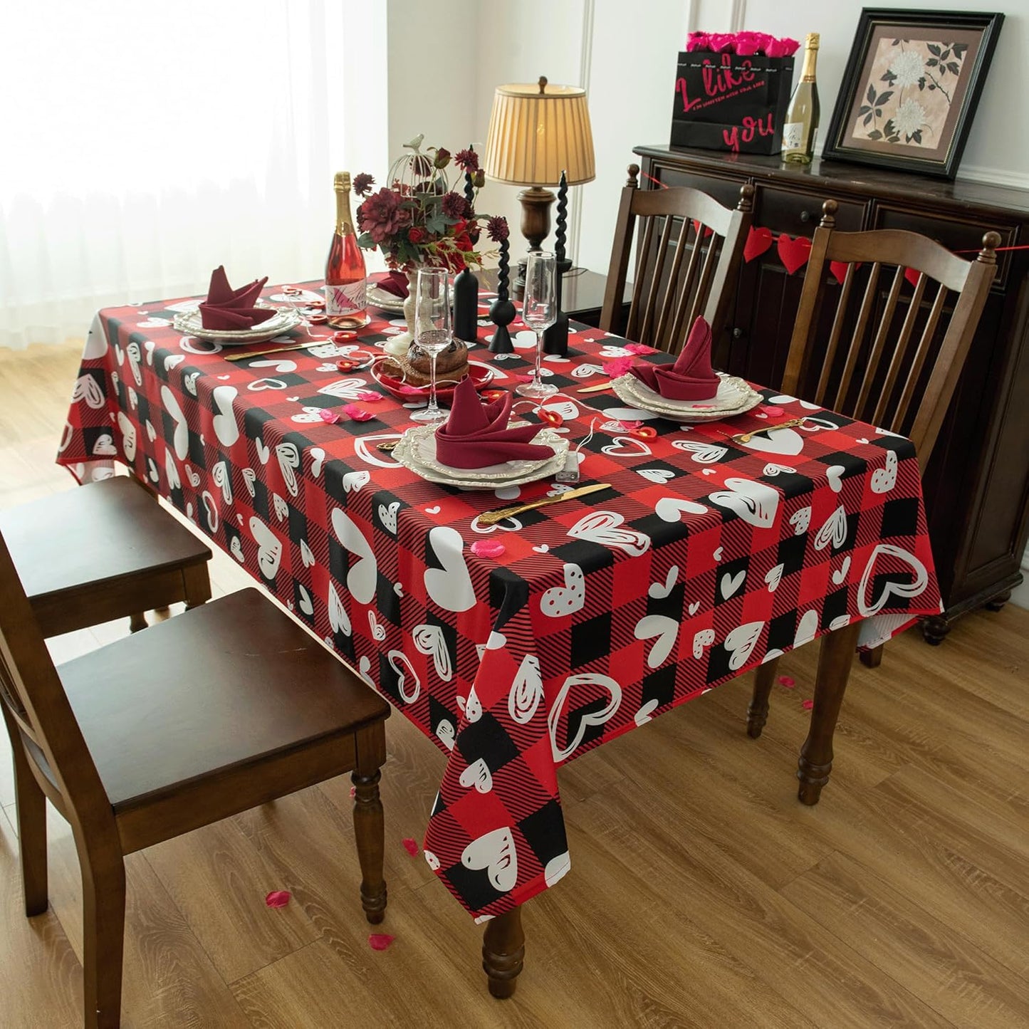 Valentine's Day Tablecloth Fabric - Oblong 58x120 Water Resistant Love Themed Plaid Table Cloth for Indoor/Outdoor Use - Love Heart Romantic Gifts Perfect for Birthday, Picnics, Parties