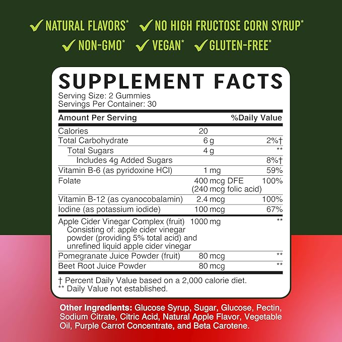 Metabolism Gummies with Apple Cider Vinegar | Energy, Digestion & Lean Body Mass Support | Apple Cider Vinegar Gummies with The Mother, B12 & Folate | Metabolism Support for Women & Men | 60 Ct.