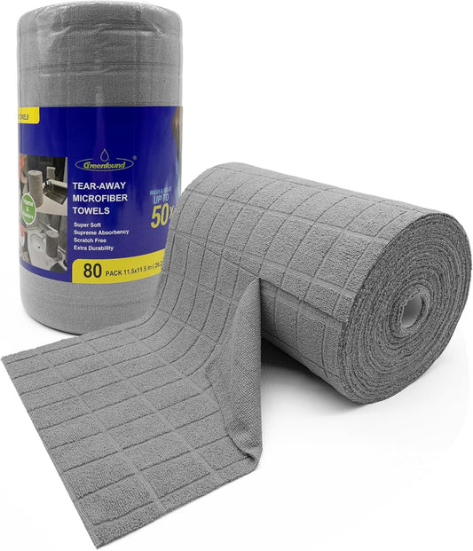 Greenfound Microfiber Cleaning Cloth Roll -80 Pack,Tear Away Towels for Car,Reusable Paper Towels Washable,Super Absorbent,Lint Free Cleaning Rags for House,Kitchen,Window-11.5"×11.5"(Check Grey)