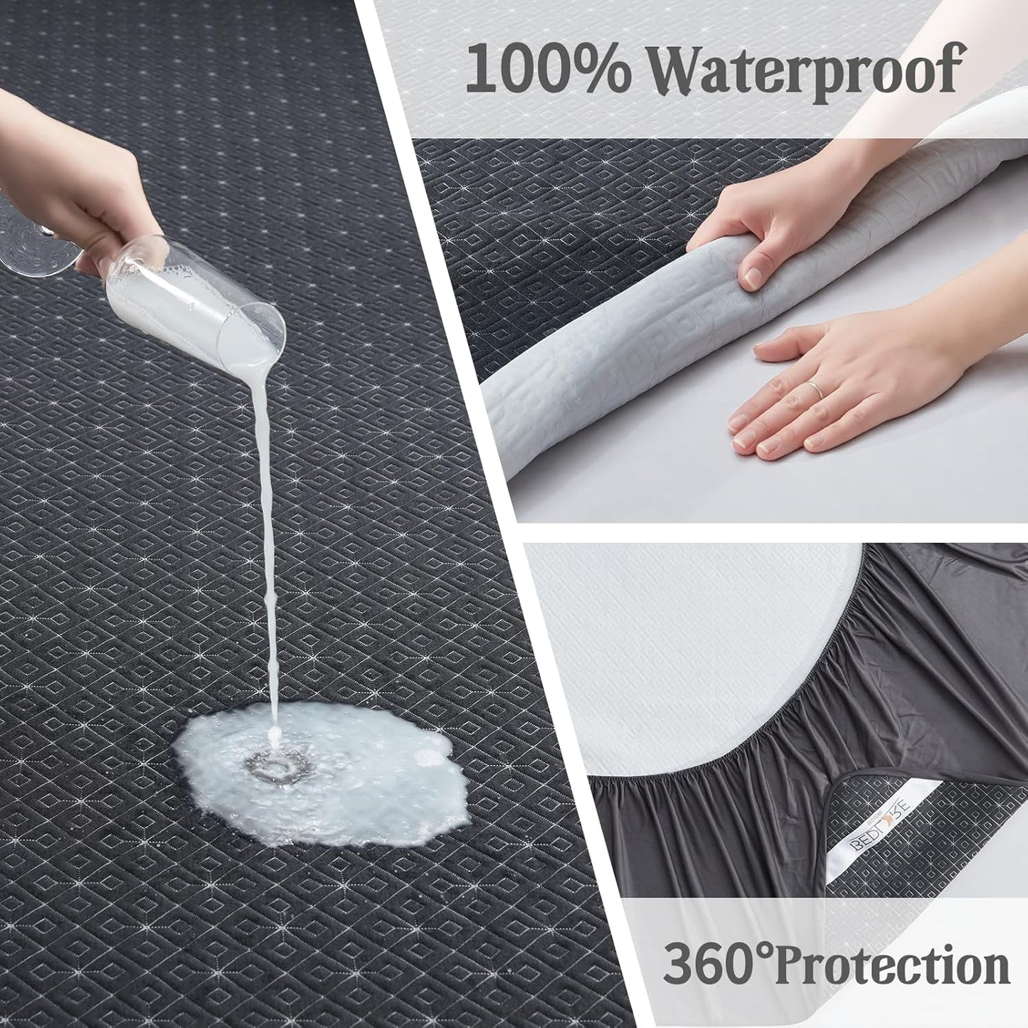 BEDLORE Queen Mattress Protector, Waterproof Noiseless Mattress Cover with Deep Pocket for 6-18 inches Mattress, Soft Breathable Mattress Pad Machine Washable (Dark Gray)