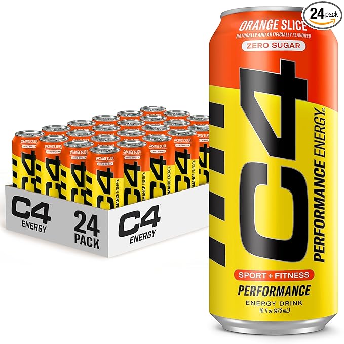 C4 Energy Carbonated Zero Sugar Energy Drink, Pre Workout Drink + Beta Alanine, Orange Slice, 16 Fl Oz (Pack of 24)