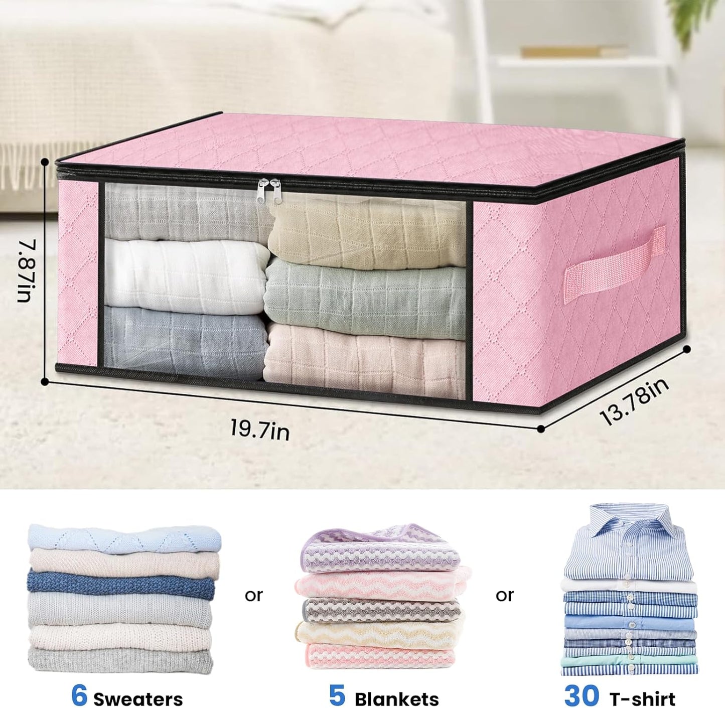 HomeHacks Storage 8-Pack Clothes Organizer Storage Bags Foldable Storage Box with Large Clear Window Sturdy Handles for Closet, Dorm, Pillows, Bedding, Clothes, Blankets, 35L, Pink