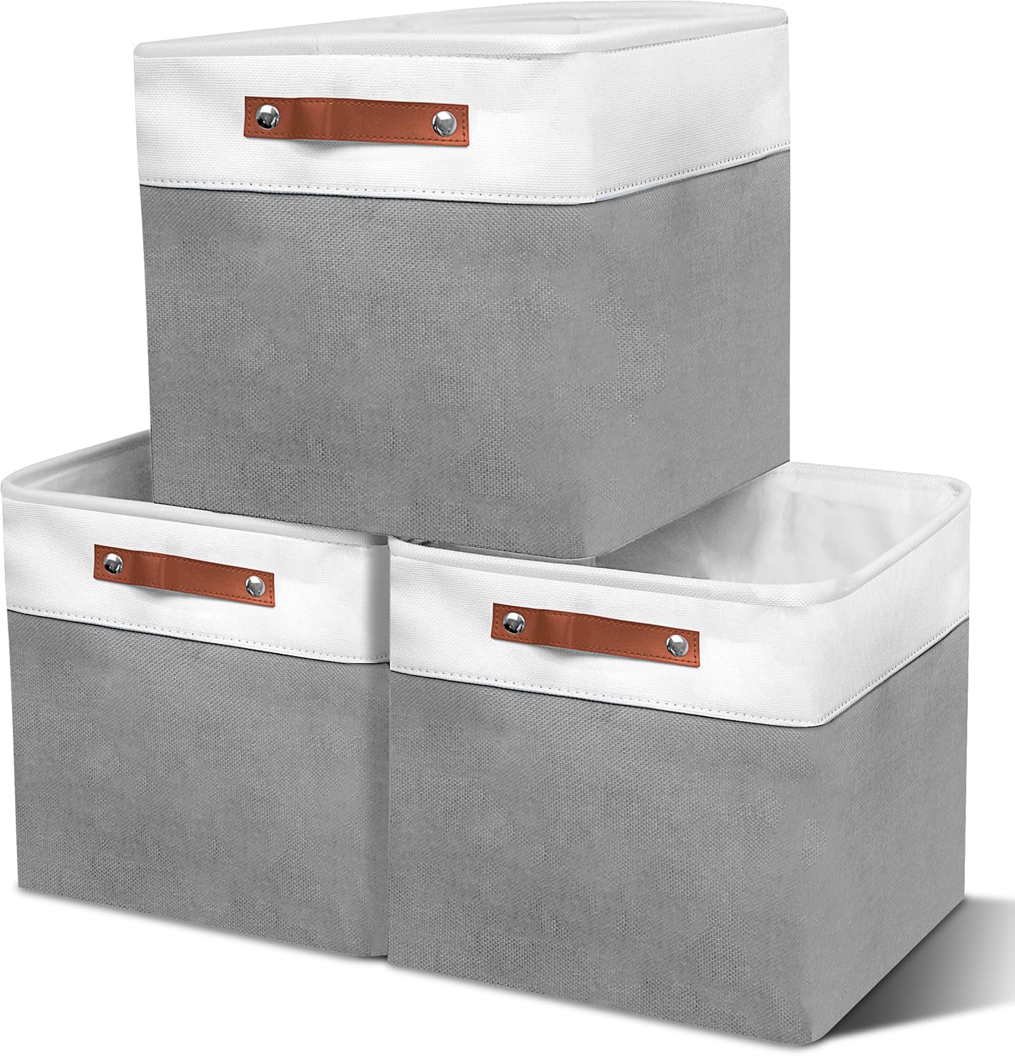 12in Open Fabric Storage Basket with Leather Handles for Organizing, Collapsible Linen Closet Bins for Shelves, Closets, Laundry, Decorative Basket for Gifts. (White＆Gray, 3PCS/12x12in)