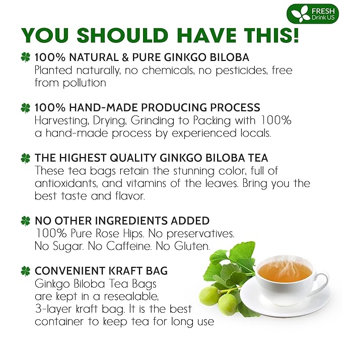FreshDrinkUS, Premium 30 Ginkgo Biloba Leaf Tea Bags, 100% Natural & Pure from Ginkgo Biloba Leaves. Loose Leaf Herbal Tea. Made with Eco-Conscious Tea Bags. No Sugar, No Caffeine, No Gluten, Vegan.