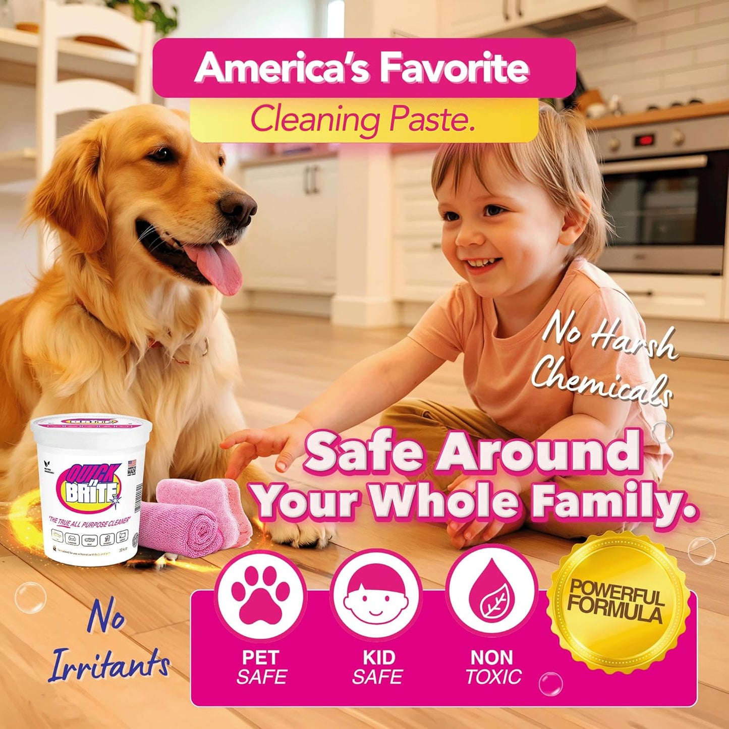 Quick 'n Brite All Purpose Cleaning Paste – Miracle Cleaner for Tough Stains, Biodegradable, Non-Toxic, Pet-Safe, Multi-Surface Stain Remover, Made in USA, 32 Oz Kit