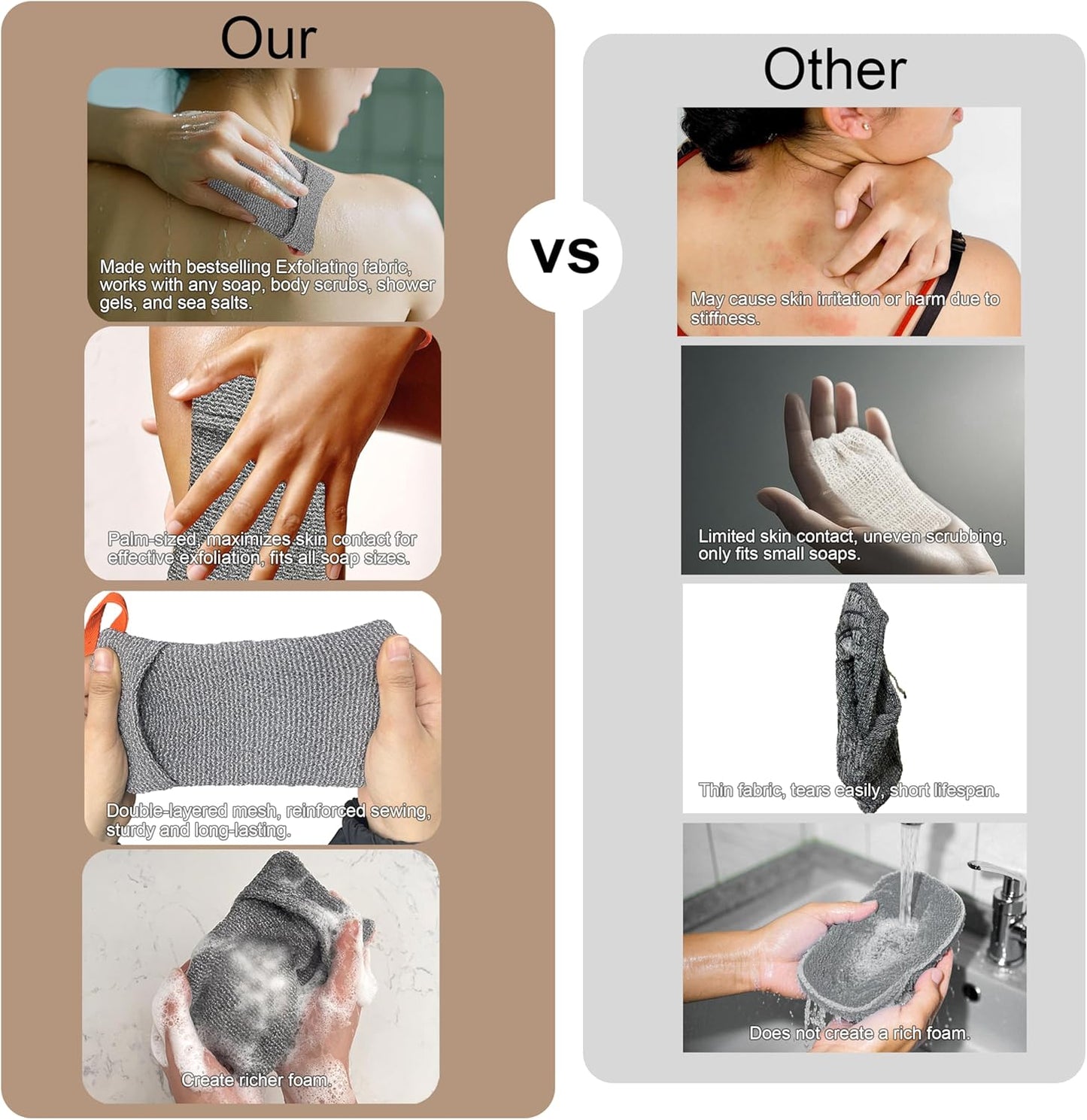 2 Pack Soap Bag Deep Roughness,Bar Soap Pouch Saver Pocket,Exfoliating Body Scrubber Shower Bath Sponge Loofah (Grey)