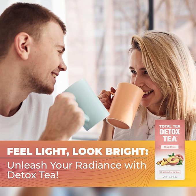 Total Tea SIimming Detox Tea Caffeine Free - 25 Day Detox - Herbal SIim with Chamomile, Hibiscus Tea & Ginger Root for Colon Cleanse – Natural Herbal Ginger & Peach Tea for Digestive Health