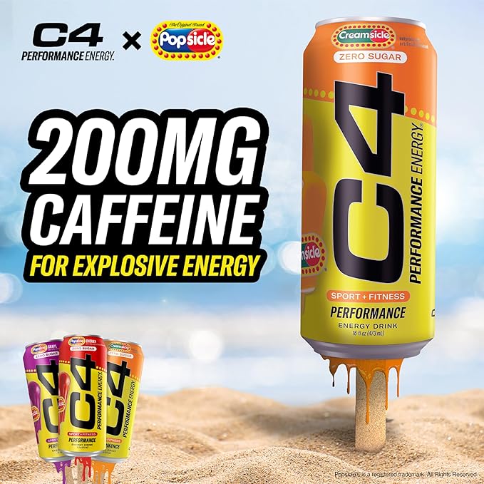 Cellucor C4 Performance Energy Drink | Zero Sugar Carbonated Preworkout Energy | 200mg Caffeine with Beta Alanine | Orange Creamsicle | 16 Fl Oz (12 Pack)