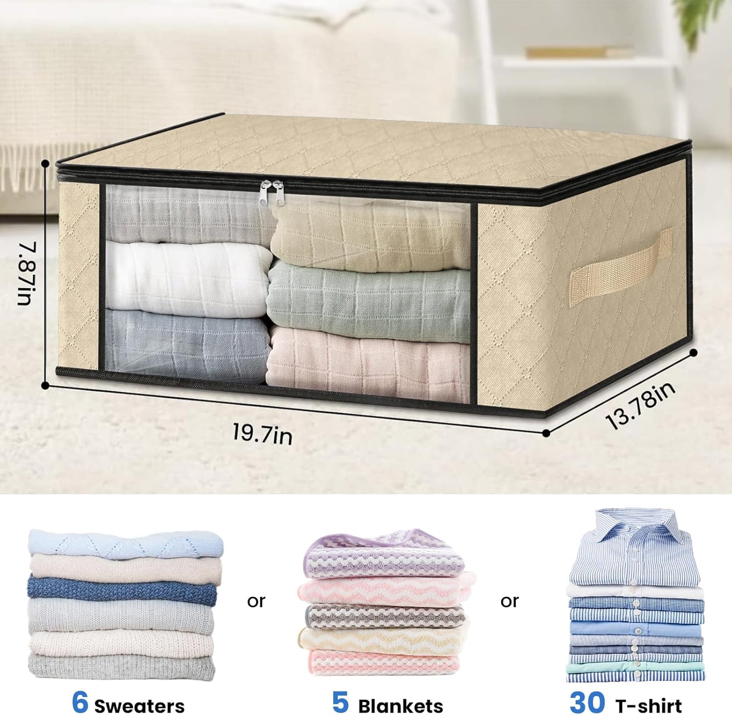 HomeHacks Storage 6-Pack Clothes Organizer Storage Bags Foldable Storage Box with Large Clear Window Sturdy Handles for Closet, Dorm, Pillows, Bedding, Clothes, Blankets, 35L, Beige