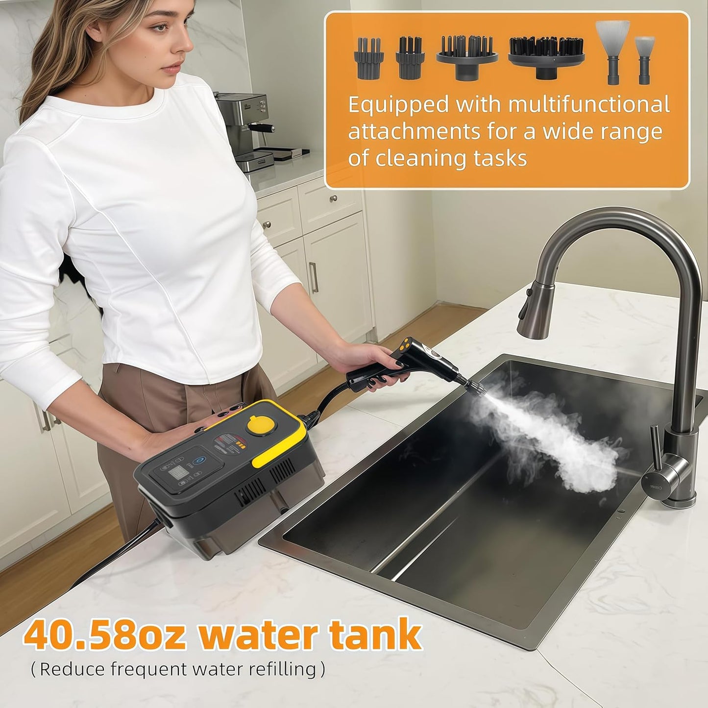 Handheld Pressurized Steam Cleaner， 6-Level Adjustable Handle 20s Heat-Up Big Tank, Portable Steamer for Cleaning Stubborn Dirt Grease Tile Grout Floor Car (Black/Yellow)