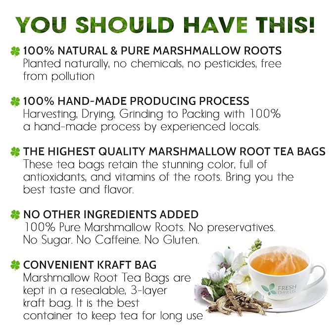 FreshDrinkUS, Premium 55 Marshmallow Root Tea Bags, 100% Natural & Pure from Marshmallow Root, Eco-Conscious Tea Bags, Marshmallow Root Herbal Tea. No Sugar, No Caffeine, No Gluten, Vegan.