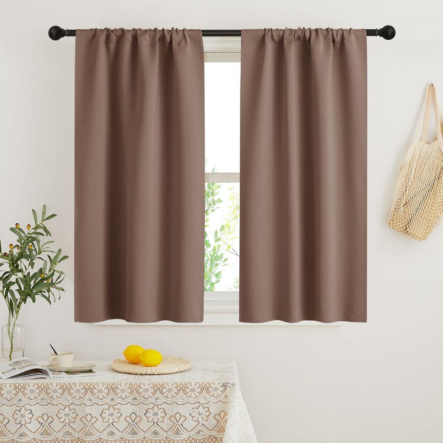 RYB HOME Small Window Curtains with Rod Pocket Design, Blackout Privacy Curtains Drapes Energy Efficient Covering for Closet Pantry W 29 x L 45 inches, 2 Panels, Mocha