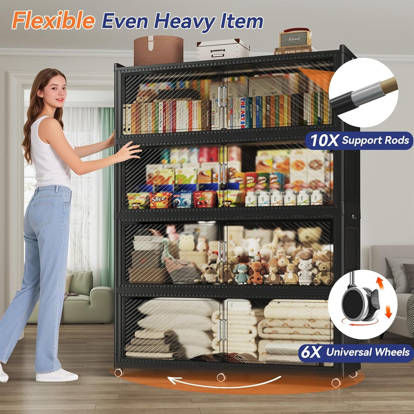 200GAL Extra Large Storage Bins with Lid, 800QT Collapsible Organizer with Wheels, Stackable Closet Cabinet with Doors, Folding Storage Containers for Home, Office, Dorm, 4Pack Black