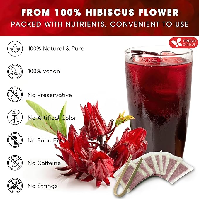 FRESHDRINKUS 115 Hibiscus Flowers Tea Bags, 100 Percent Natural, Pure from Hibiscus Flowers. Loose Flower Hibiscus Herbal Tea. Hibiscus Flower Tea. No Sugar, No Caffeine, No Gluten, Vegan.