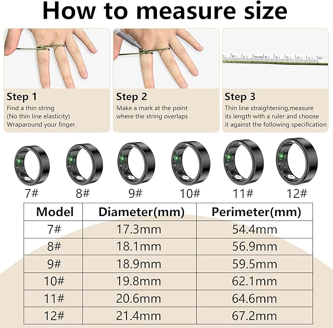 Thin Smart Ring for Fitness & Health Tracking -Pedometer,Sleep/Heart Rate/Blood Oxygen Monitor, Gesture Control / 5ATM Waterproof -No APP Subscription Compatible with Android& iOS (Black, 8)