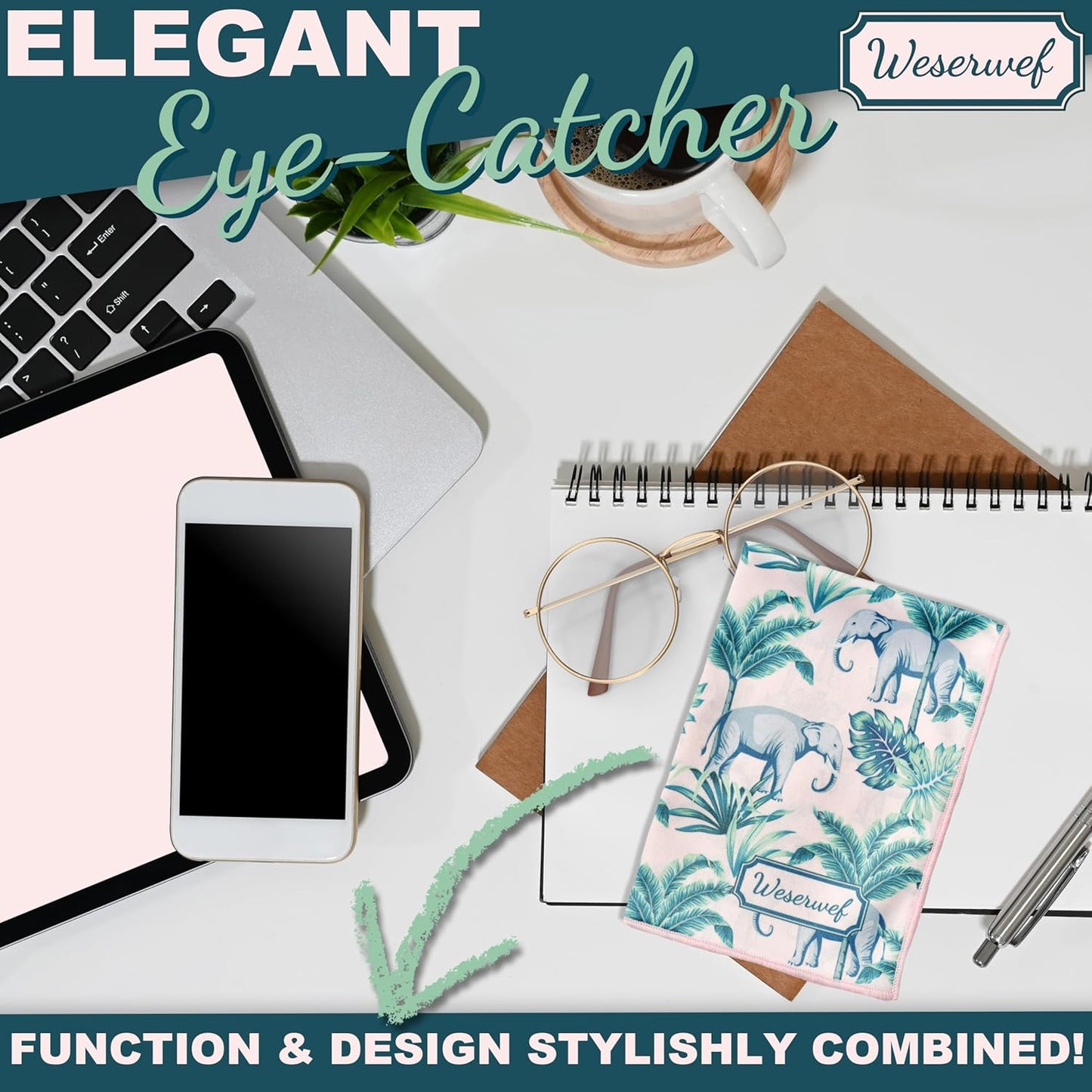 WESERWEF Design Microfiber Glasses Cleaning Cloth – Premium Cleaning Cloth for Eyeglasses, Screens, Tablets, Cameras & Lenses, 12" x 12", Ultra-Soft & Scratch-Free (Elephant)