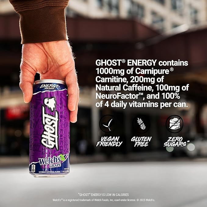 GHOST Energy Drink - 12-Pack, Welch's Grape, 16oz Cans - Energy & Focus & No Artificial Colors - 200mg of Natural Caffeine, L-Carnitine & Taurine - Gluten-Free & Vegan