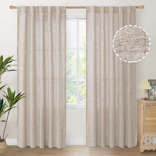 YoungsTex Natural Linen Curtains 84 Inch Length 2 Panels Rod Pocket Light Filtering Textured Window Drapes with Ring Clips for Living Room Dining Bedroom, 38 X 84 Inches