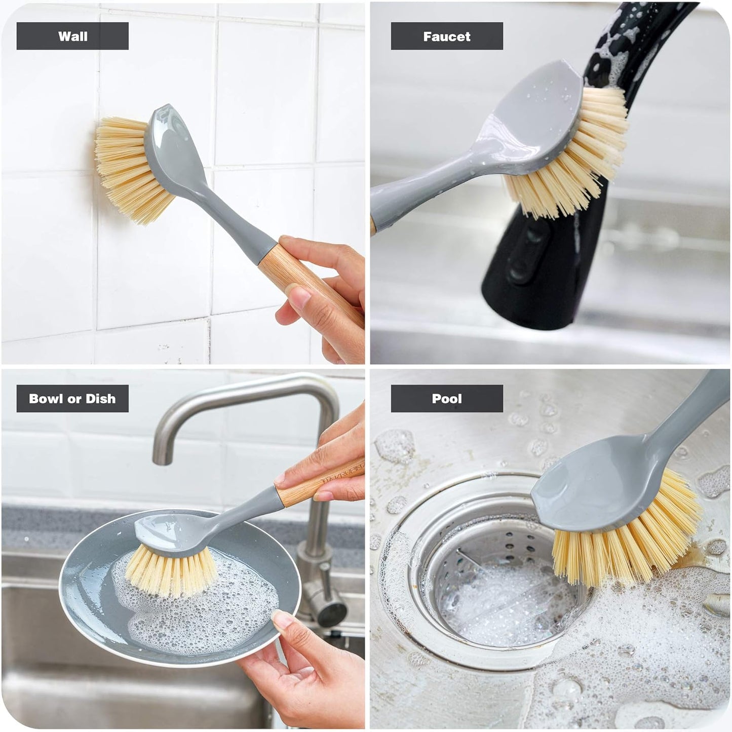 Natural Bamboo Dish Brush Bottle Scrub Brush 4-Piece Set, with Ceramic Soap Dispenser - Wooden Washing Up Brushes with Sturdy Handles for Cleaning Dishes, Pots, Pans, Gift Kit