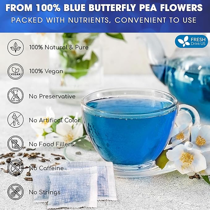 FreshDrinkUS, Premium 75 Tea Bags Blue Butterfly Pea Flowers, 100% Natural and Pure from Butterfly Pea Flowers, Made With Natural Material Tea Bag, No Sugar, No Caffeine, No Gluten, Vegan