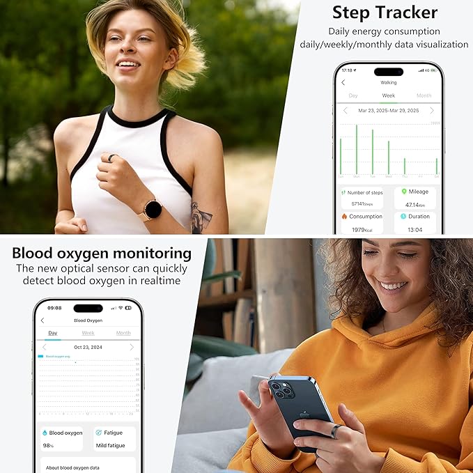 Thin Smart Ring for Fitness & Health Tracking -Pedometer,Sleep/Heart Rate/Blood Oxygen Monitor, Gesture Control / 5ATM Waterproof -No APP Subscription Compatible with Android& iOS (Black, 12)