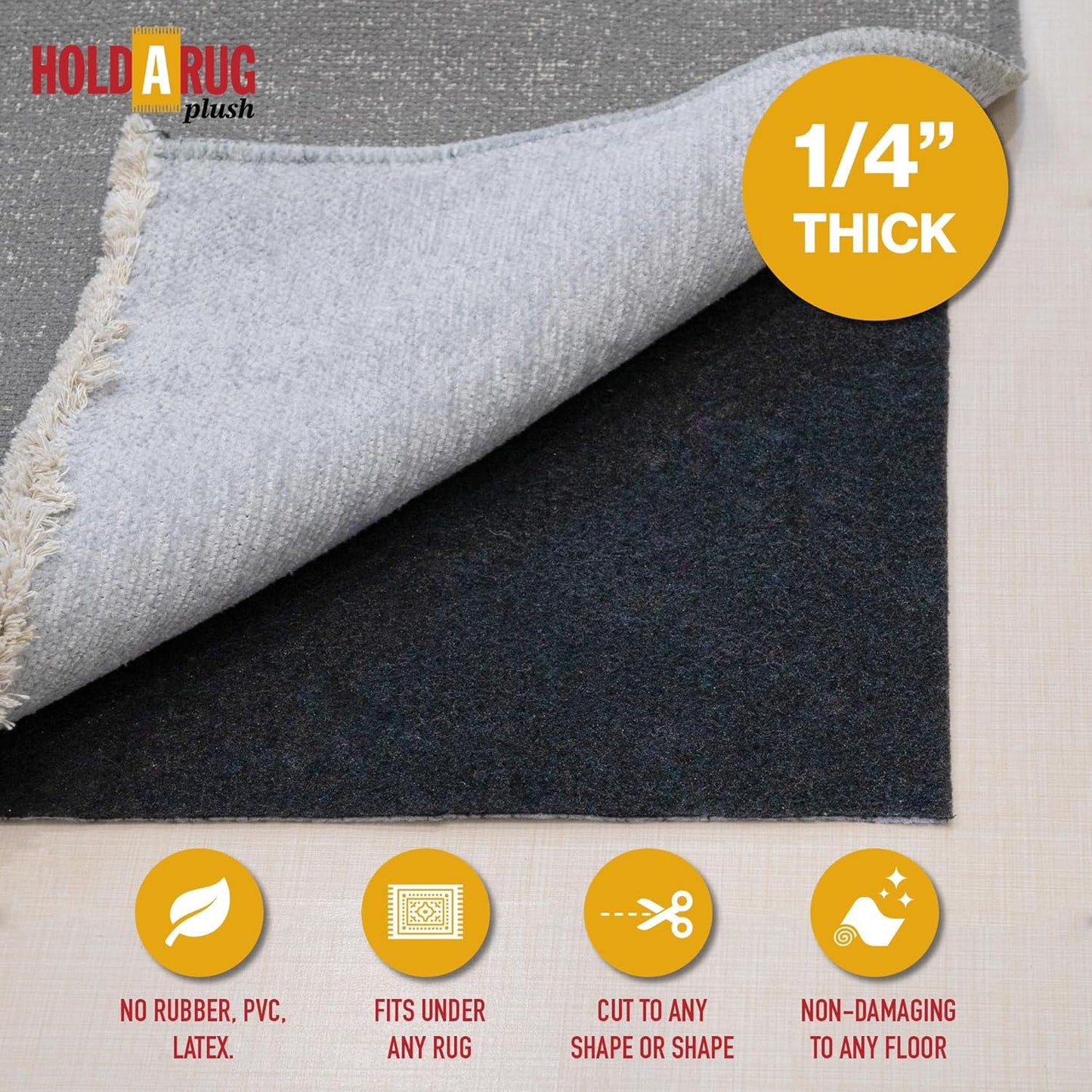 Hold-a-Rug Plush 2' x 4' Nonskid, Nonslip Rug Pad, Reversible Gripper, ¼ Thick, Safe for All Floors and Carpet, Keep Area Rugs Secure