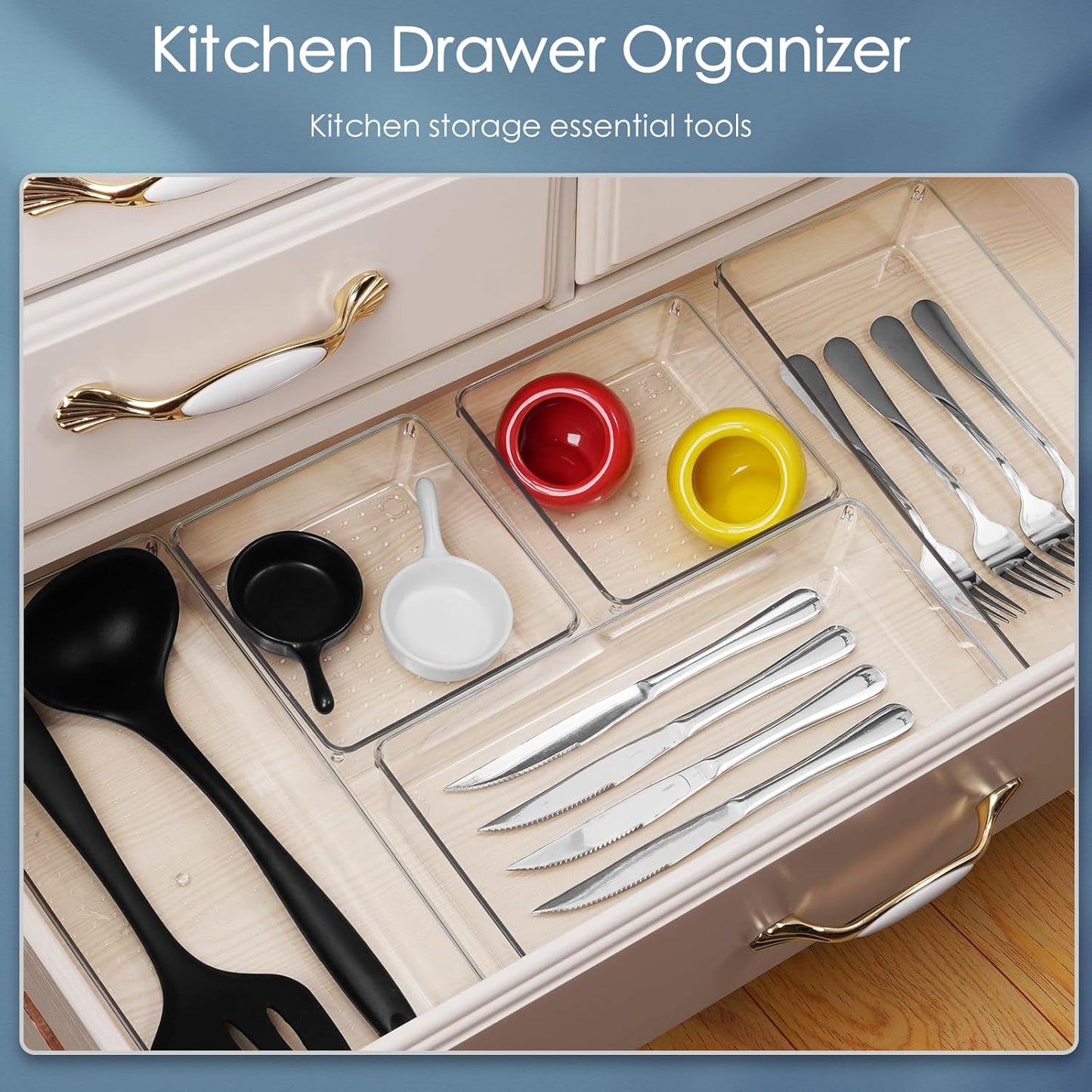 12 Pack Large Clear Plastic Drawer Organizer Set, Acrylic Bathroom Organizer Vanity Trays Dividers, Kitchen Organizers and Storage, Non-Slip Storage Bins for Makeup, Snacks, Office, Desk, Fridge