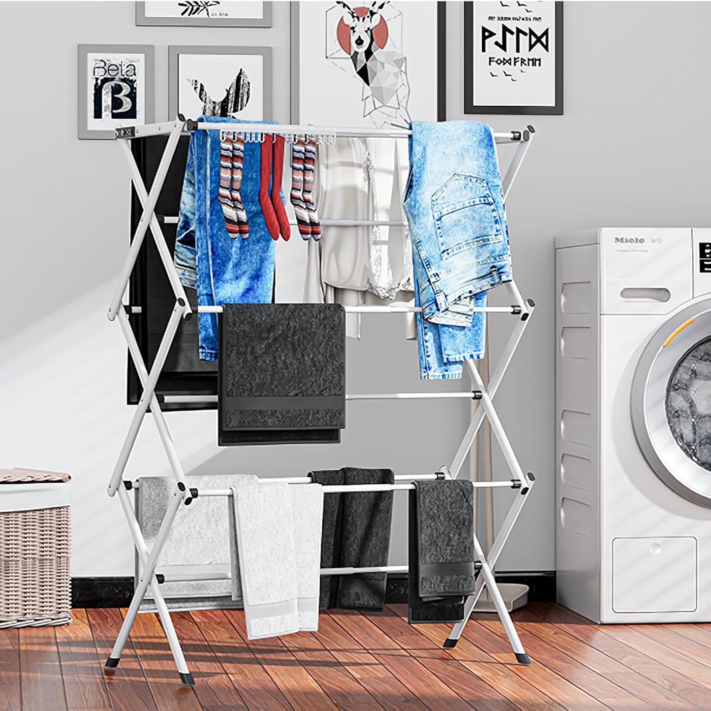 3 Tier Drying Rack Clothing,Foldable Clothes Drying Rack,Space-Saving Design, Indoor & Outdoor Laundry Rack for Drying Clothes,Metal Drying Rack,-White+Black