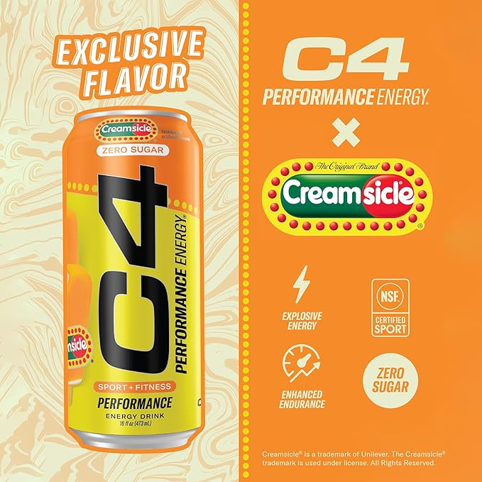Cellucor C4 Performance Energy Drink | Zero Sugar Carbonated Preworkout Energy | 200mg Caffeine with Beta Alanine | Orange Creamsicle | 16 Fl Oz (12 Pack)