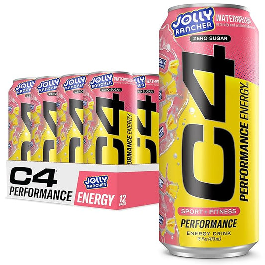 Cellucor C4 Performance Energy Drink | JOLLY RANCHER Watermelon | Zero Sugar Carbonated Preworkout Energy | 200mg Caffeine with Beta Alanine | 16 Fl Oz (12 Pack)