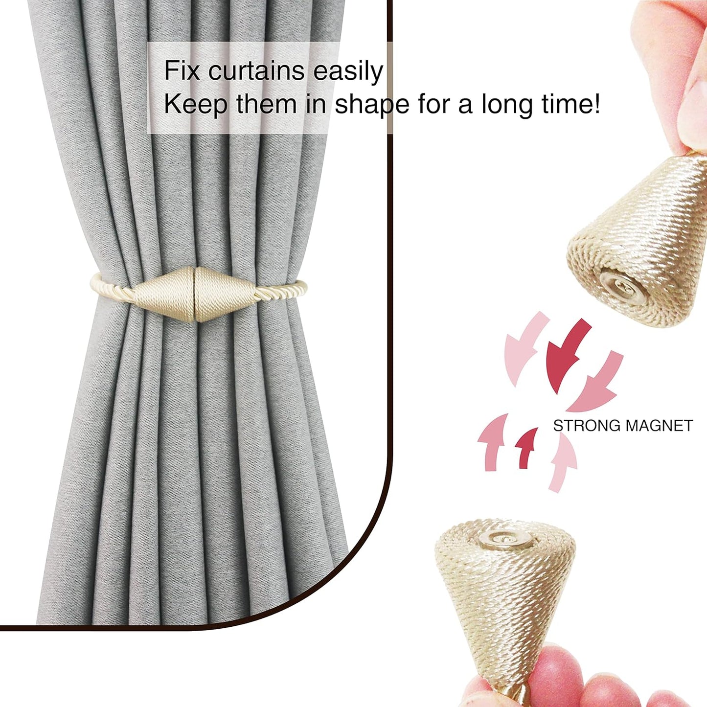 6 Pack Magnetic Curtain Tiebacks Rope Modern Handmade Curtain Tie Backs Decorative Drapes Weave Holdbacks for Window Décor, Beige