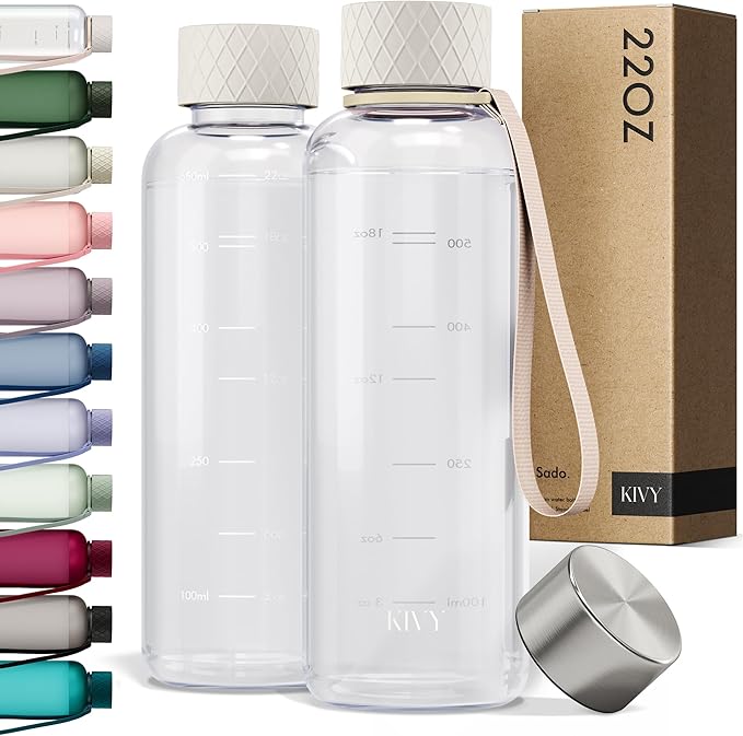 KIVY Slim Water Bottle 22oz [Lightweight & Shatterproof] - Small Drinking Waterbottle - Clear Water Bottle Without Straw for School, Sport & Travel - Transparent Bottle Dishwasher Safe, BPA Free