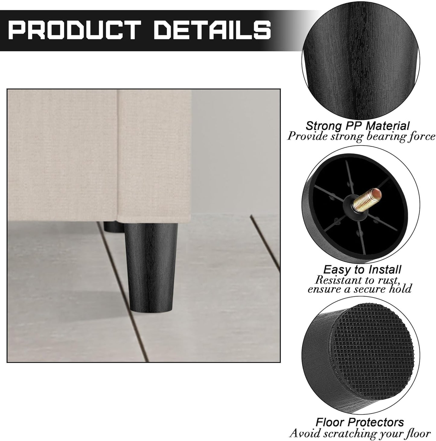 TURSTIN 8 Pack 4 Inch Plastic Furniture Legs with M8 T-Nuts Screws Tapered Sofa Couch and Chair Legs Replacement Furniture Legs for DIY Projects Sofas Coffee Tables Dressers Beds