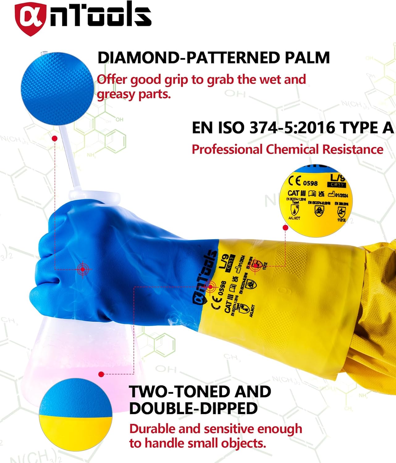 2 Pairs Neoprene and Rubber Blend Heavy-Duty Chemical Gloves, Protective industrial gloves for Resist Acid, Alkali, Hazmat, cleaning, dishwashing, Medium