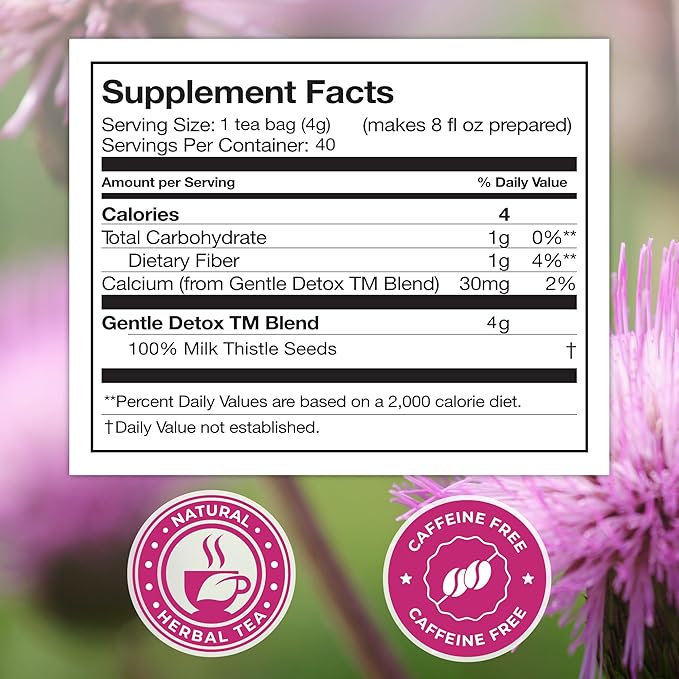 Total Tea 100% Natural Milk Thistle Seeds Tea for Liver Cleanse, Detox, Digestive Health and Immune System Support - 40 Count