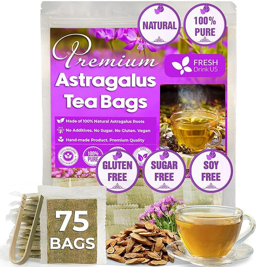 FreshDrinkUS, Premium 75 Astragalus Root Tea Bags, 100% Natural & Pure from Astragalus Root. Astragalus Root Herbal Tea. Made with Natural Material Tea Bags. No Sugar, No Caffeine, No Gluten, Vegan.