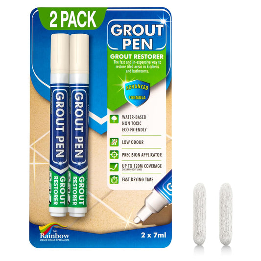 Grout Pen Ivory Tile Paint Marker: Waterproof Grout Paint, Tile Grout Colorant and Sealer Pen - Narrow 5mm, 2 Pack with Extra Tips (7mL) - Ivory