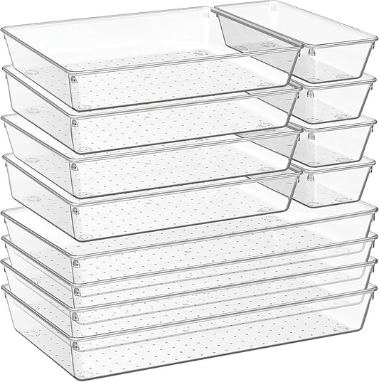 12-Pack Clear Plastic Drawer Organizer Trays – Multi-Use Acrylic Storage Bins for Kitchen, Bathroom, Makeup, Office, School & Undergarments – Perfect for Dorm, Apartment & Home Organization