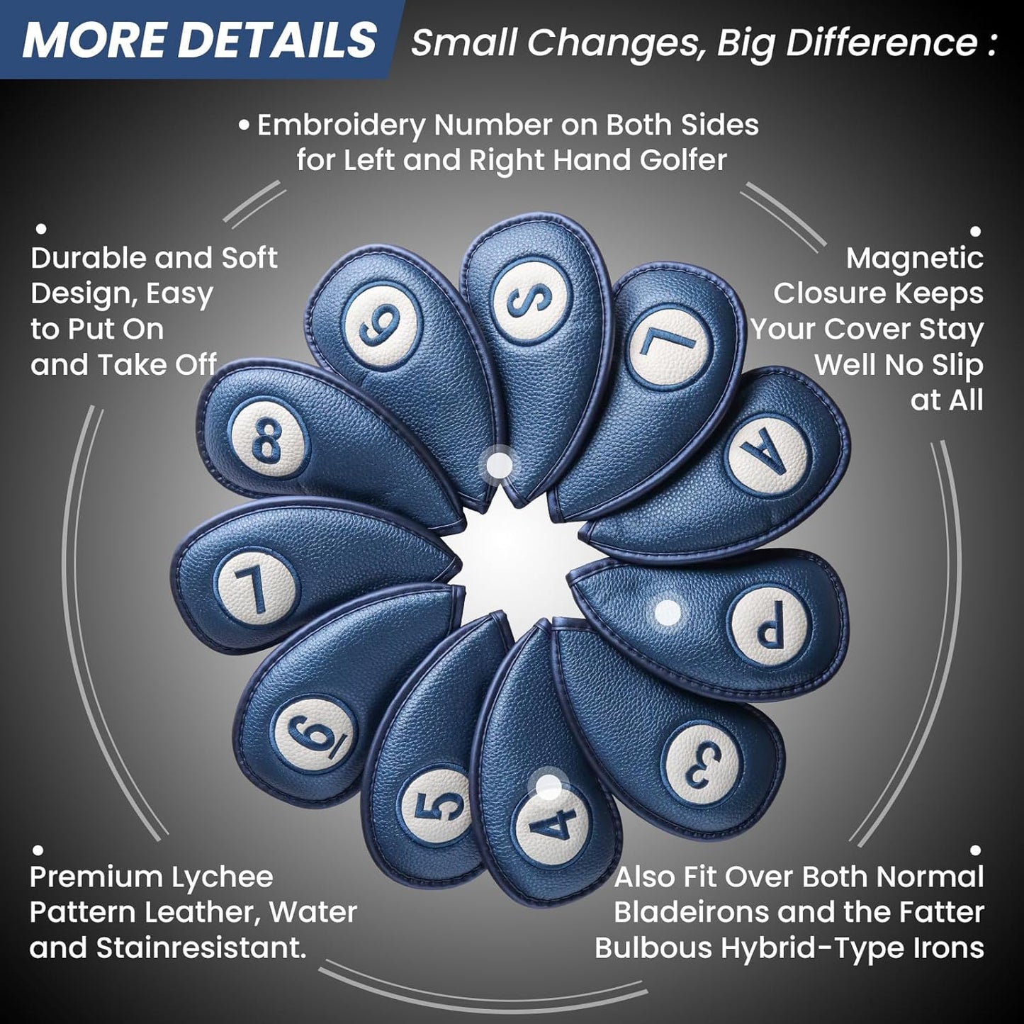 FINGER TEN Golf Club Covers for Irons Magnetic Value 11 Pack, Synthetic Leather Deluxe Head Cover Set Headcovers for Irons Fit Main Iron Clubs