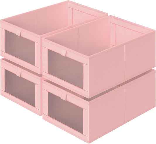 Criusia 4 Pack Linen Closet Organizers and Storage, Closet organizer Large Linen Closet Baskets for Organization, Foldable Storage Containers for Towels, Clothing, Jeans, Books, Shelves, Pink