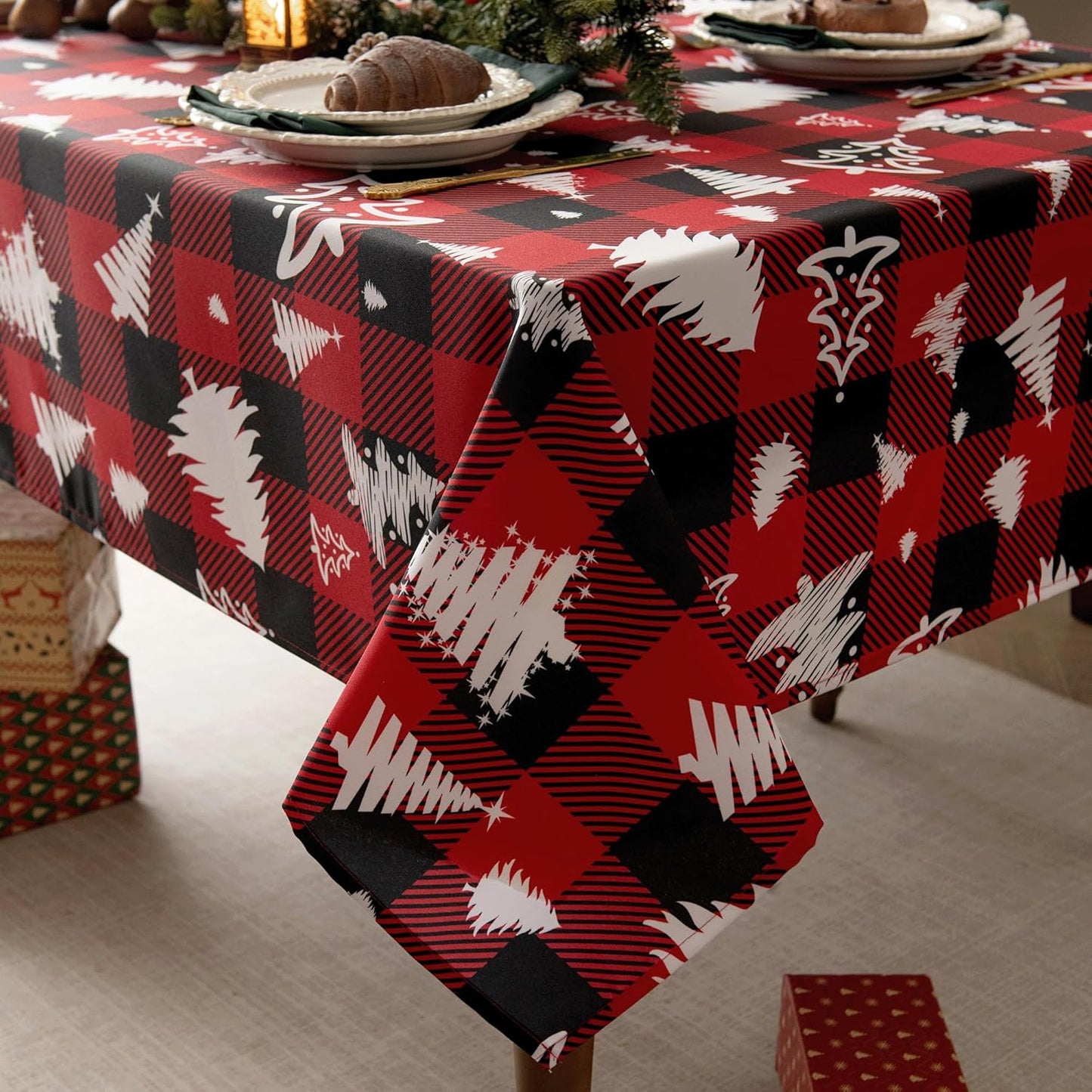 Waterproof Checkered Tablecloth Fabric - Rectangle 58x84 Inch Christmas Tree Table Cloth for Indoor/Outdoor Use - Xmas Table Cover for Kitchen, BBQs, and Parties