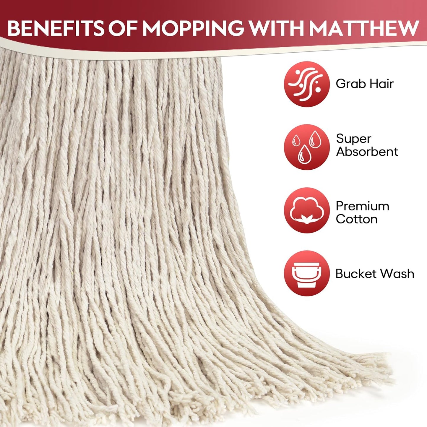 Matthew Cleaning 20oz 3Pack Cotton Floor Mop,Cotton Looped-Open String Heavy Duty String Refills, Universal Headband Blend,Mop Head Replacement for Home, Industrial and Commercial Use(White)