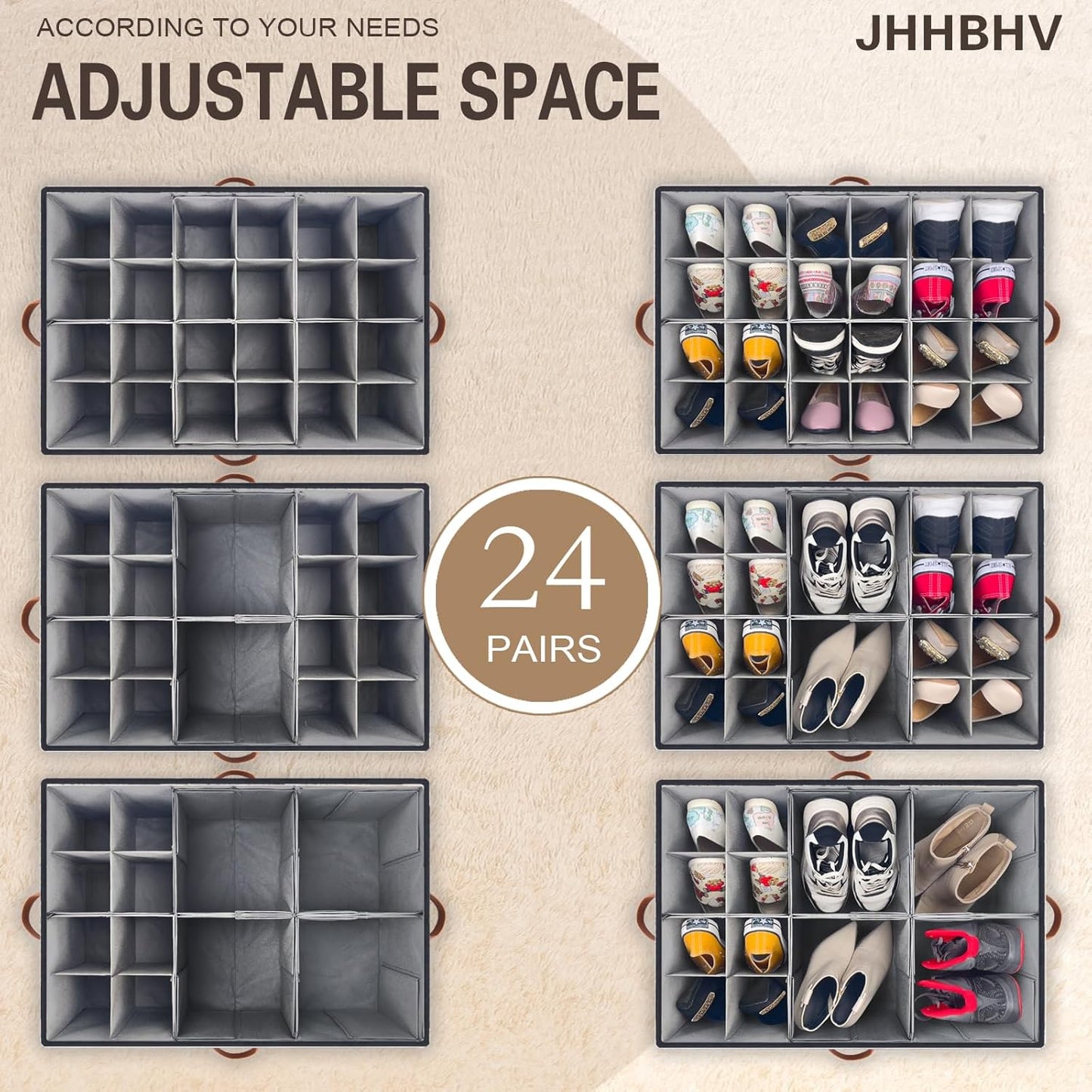 1 Pack Shoe Organizer for Closet, Adjustable Shoe Box Storage Containers, Large Foldable Shoe Bins with Clear Cover, Space Saving Shoes Holder with 4 Handles, Fits 12-24 Pairs, Black